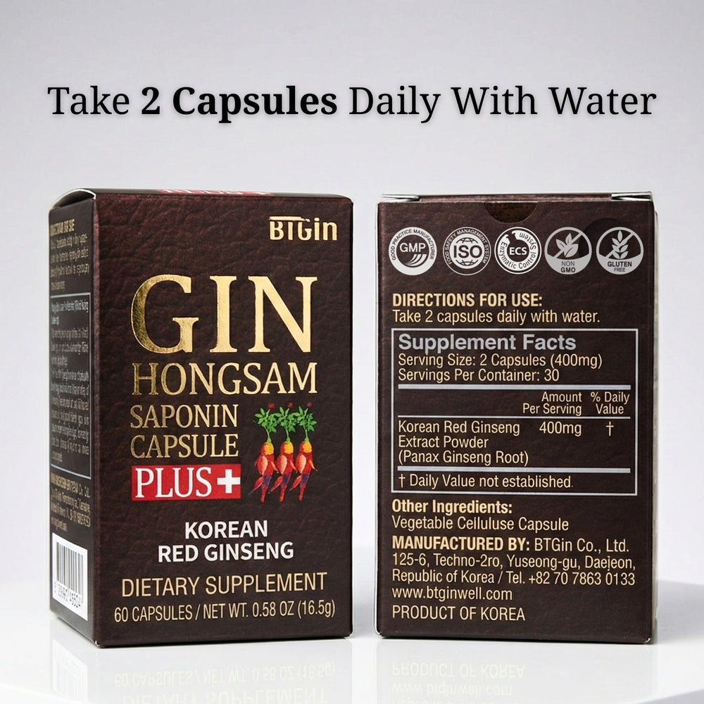BTGIN pure Korean red ginseng extract powder inside capsules.