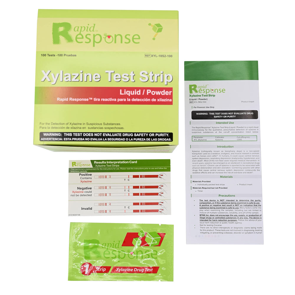 BTNX Rapid Response Xylazine test strip used on powder samples for rapid presumptive testing.