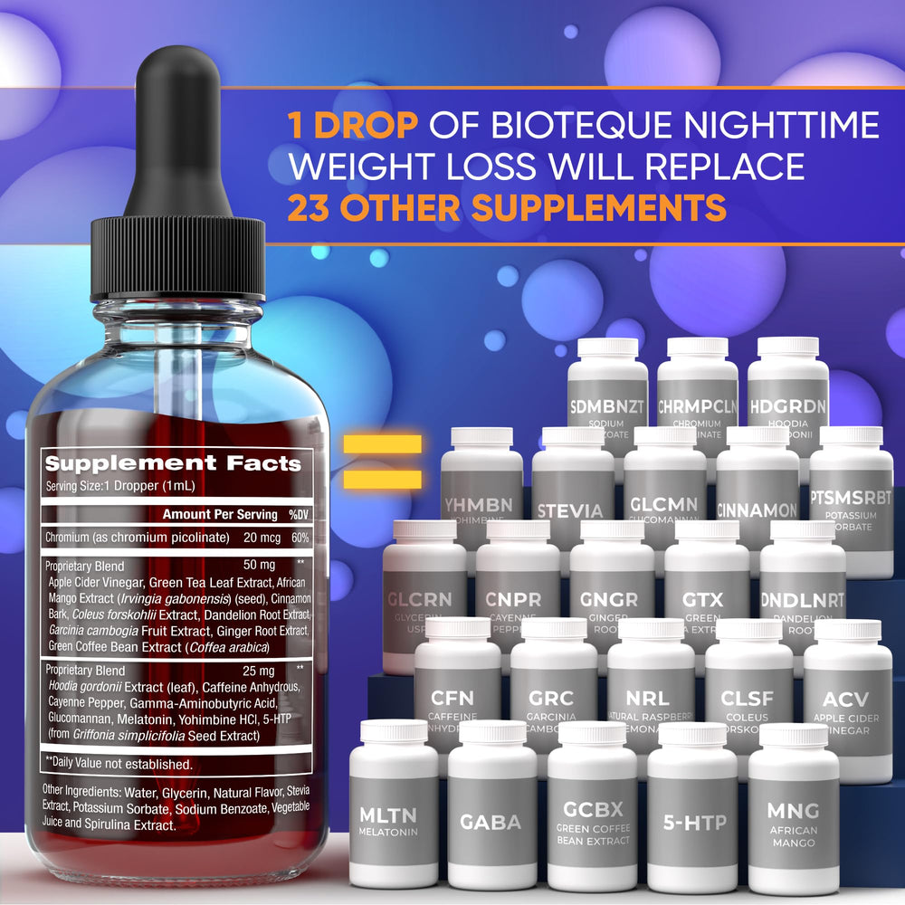BTQ Bioteque Lab Night Time Drops bottle closeup label highlights ingredients.