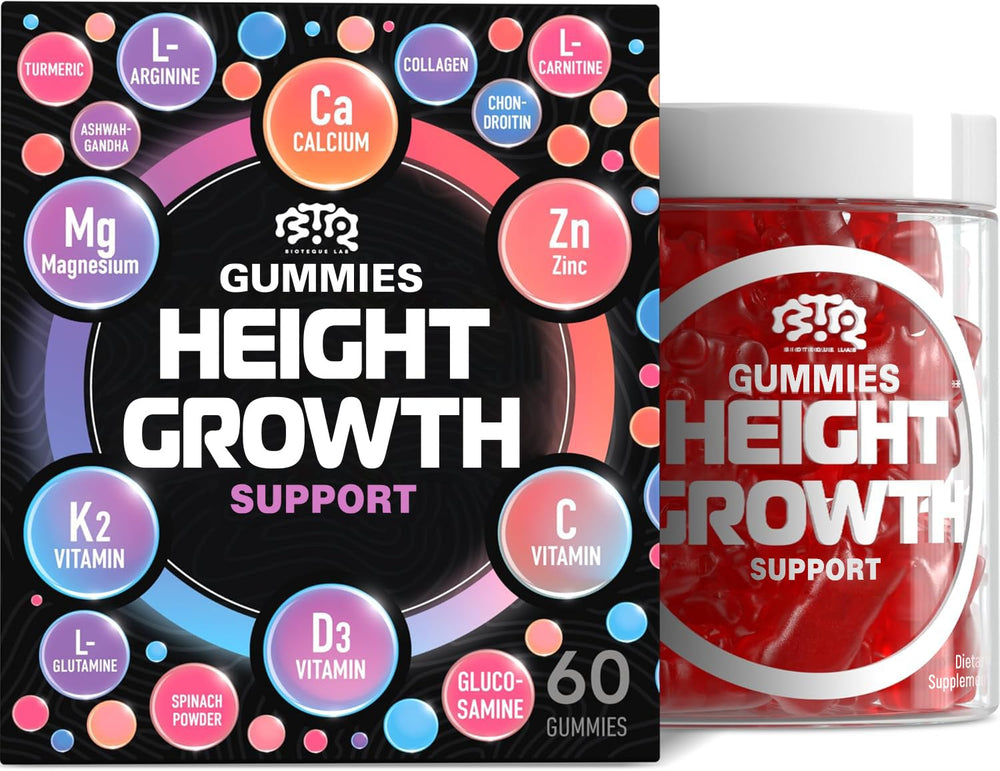 BTQ Biotequelab Height Growth Gummies bottle on display for daily growth support.