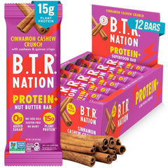 B.T.R. Nation Cinnamon Cashew Crunch bar close-up, crispy texture for keto-friendly snacking