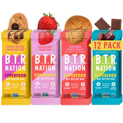 B.T.R. Nation variety pack front view, keto-friendly plant-based bars.