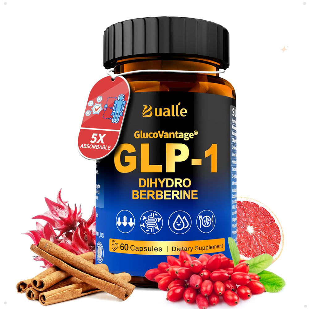 Bualle GlucoVantage DHB bottle display for steady GLP-1 support and gut wellness