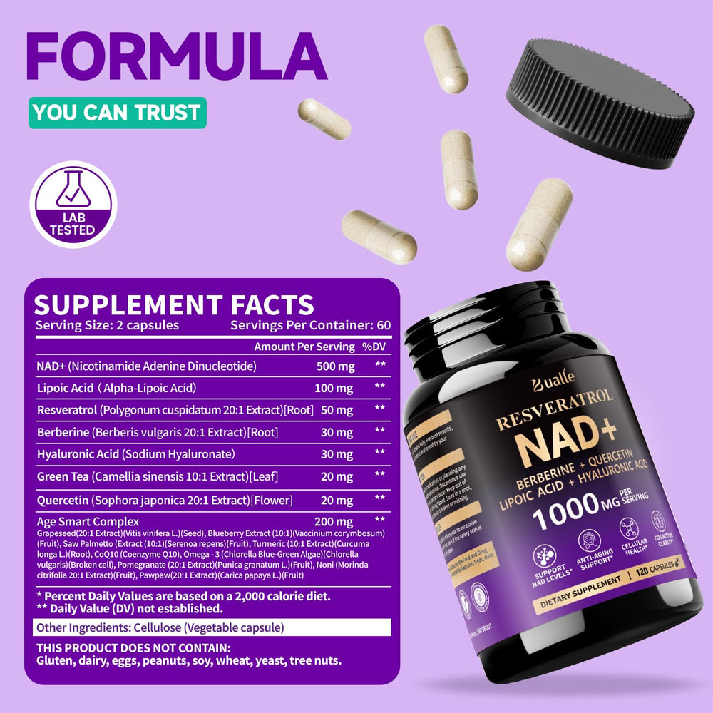 Close-up of Bualle NAD capsules highlighting easy swallowing and absorption.
