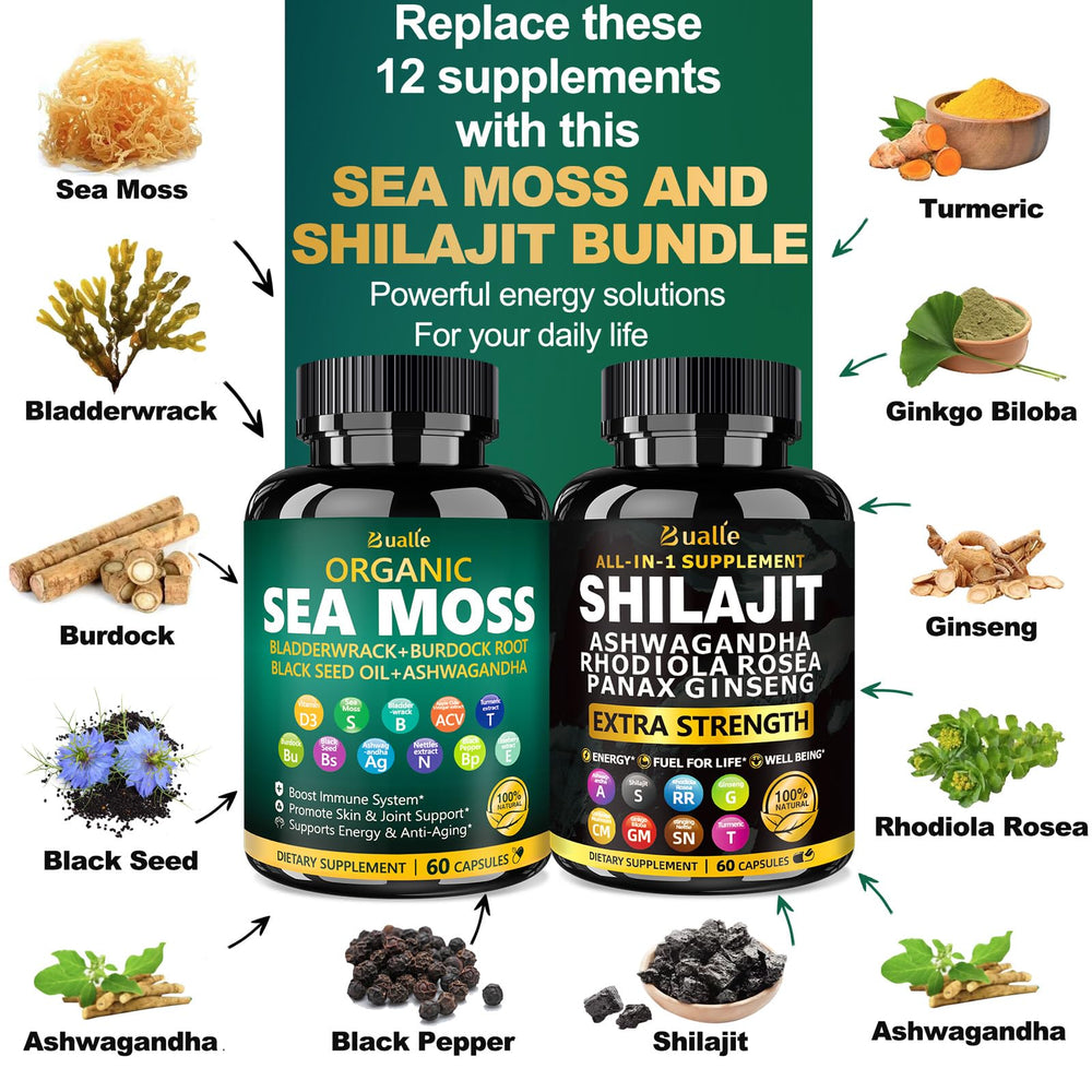 Close-up of Bualle sea moss and shilajit capsules