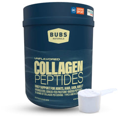 BUBS Naturals collagen peptides powder with scoop for convenient daily protein support.