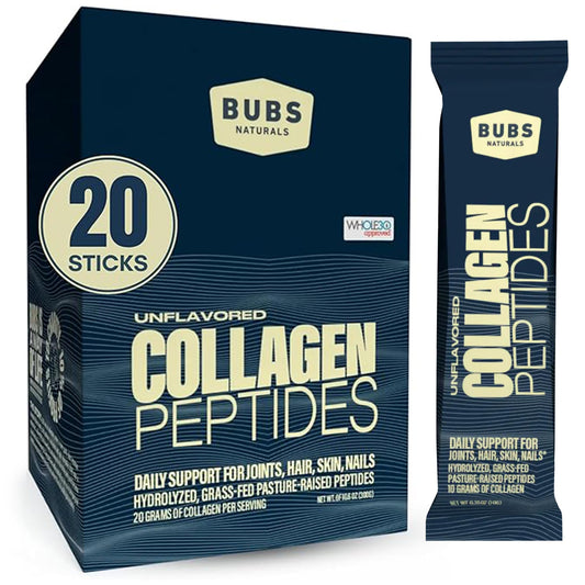 BUBS Naturals collagen powder unflavored pour showing a 20g serving for skin and joints.