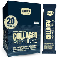 BUBS Naturals collagen powder unflavored pour showing a 20g serving for skin and joints.