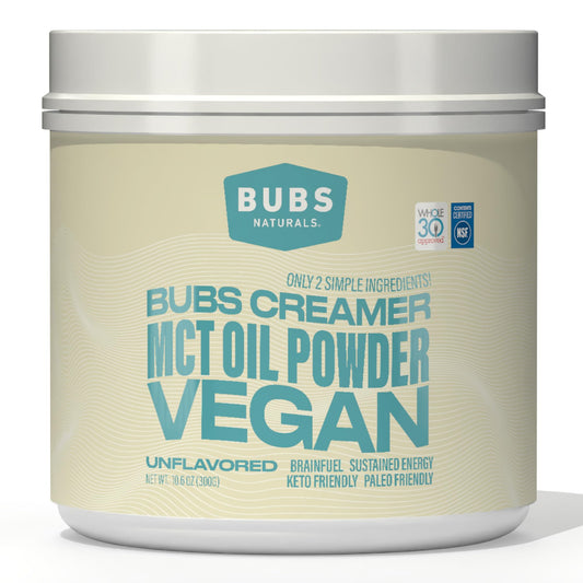 BUBS Naturals MCT Oil Powder packaging on a kitchen counter, convenient vegan energy source.