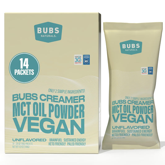 BUBS Naturals MCT oil powder packets in packaging for convenient energy on the go.