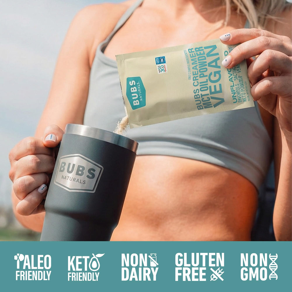 BUBS Naturals MCT powder packets beside a travel bottle for easy travel.