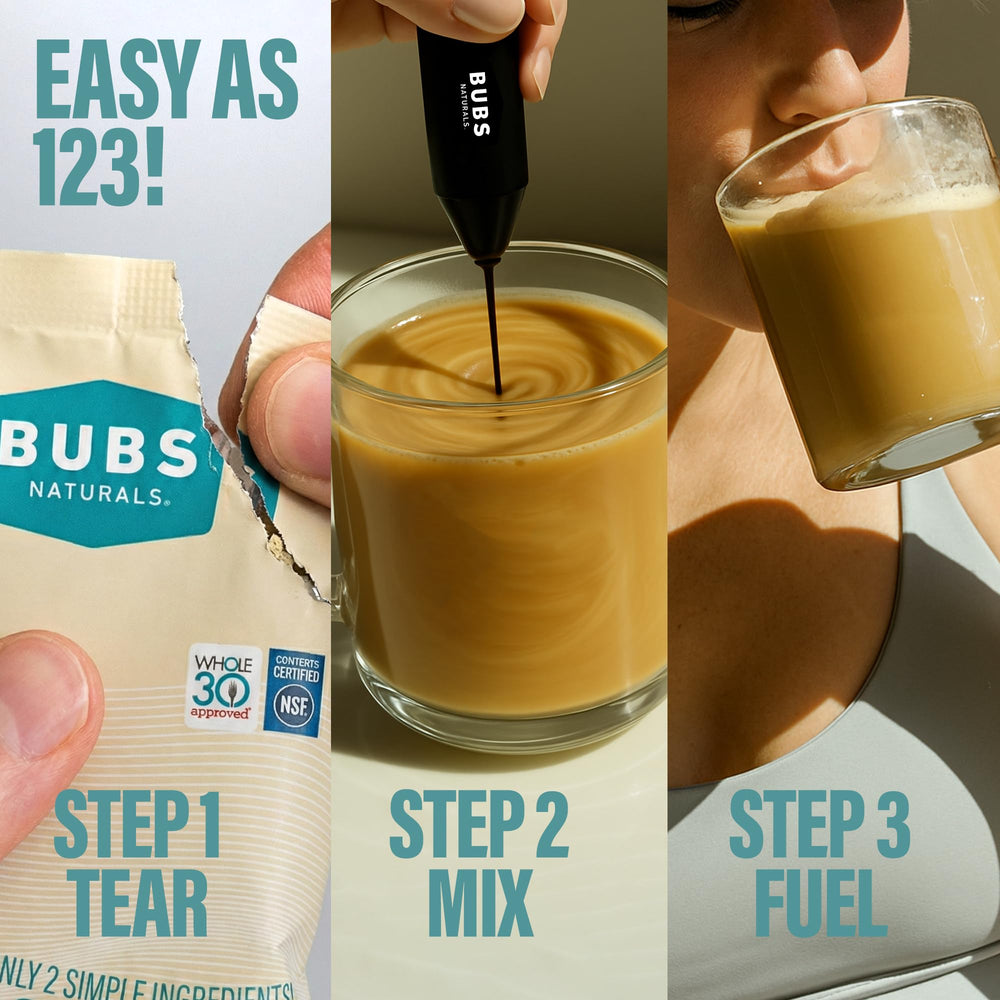 BUBS Naturals MCT powder shakes with protein for sustained energy.
