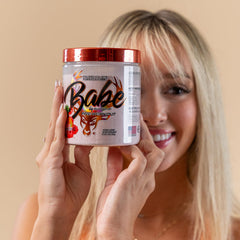 Bucked Up Babe pre-workout fruit punch glass shows quick energy for workouts.