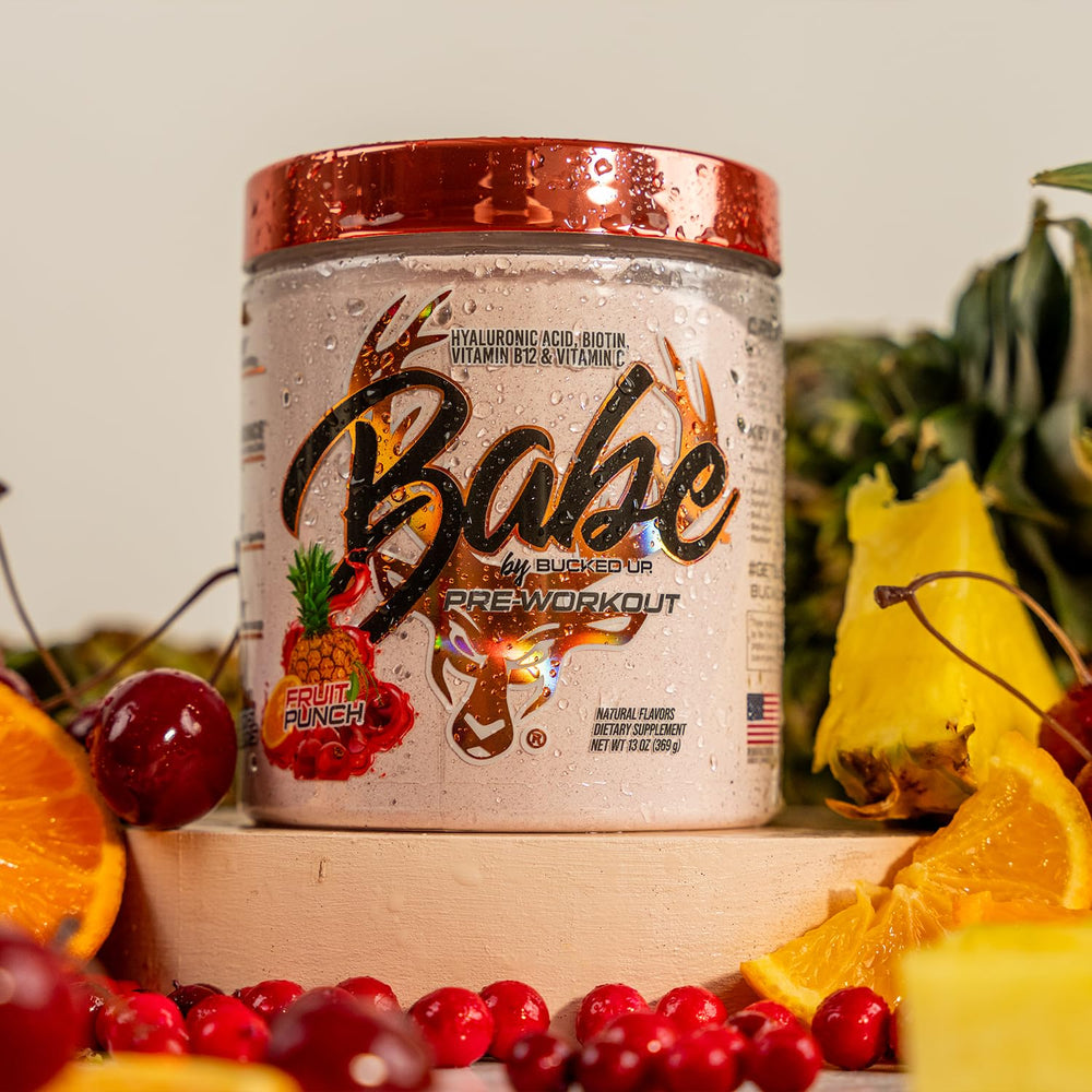 Bucked Up Babe pre-workout fruit punch label emphasizes clean energy and focus ingredients.