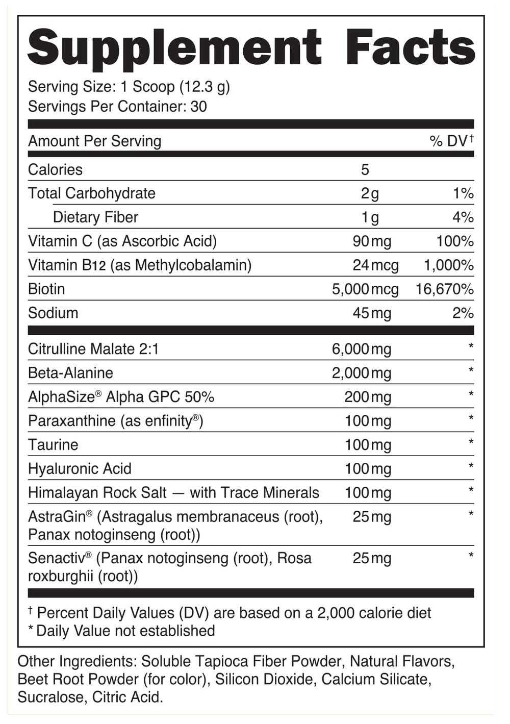Bucked Up Babe pre-workout fruit punch tub back shows key ingredients for endurance.