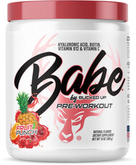 Bucked Up Babe pre-workout fruit punch tub front boosts women’s energy for workouts.