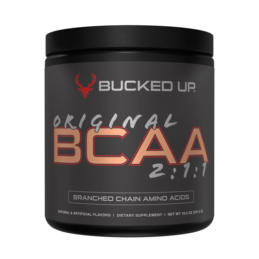 Bucked Up BCaa 2:1:1 Peach Ring tub shown for workouts.