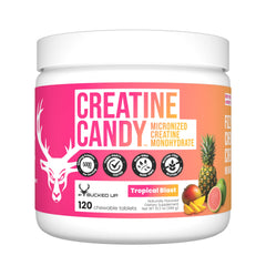 Bucked Up Creatine Candy Tropical Blast bottle showing convenient 5000mg per serving for on-the-go use