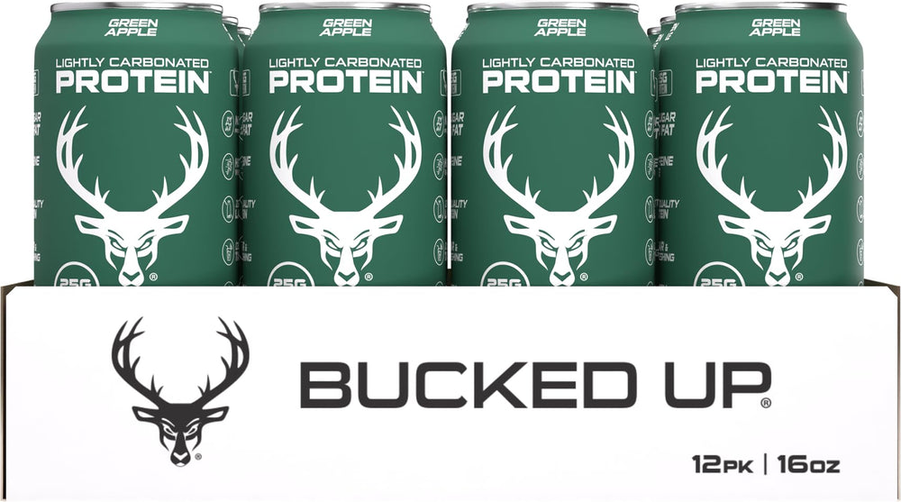 12-pack Bucked Up Lightly Carbonated Protein Soda box for shelf storage.