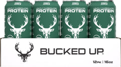 12-pack Bucked Up Lightly Carbonated Protein Soda box for shelf storage.