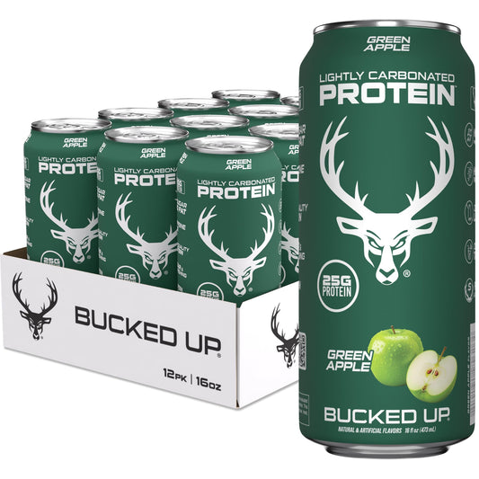 Bucked Up Lightly Carbonated Protein Soda Green Apple can, crisp refreshing protein.