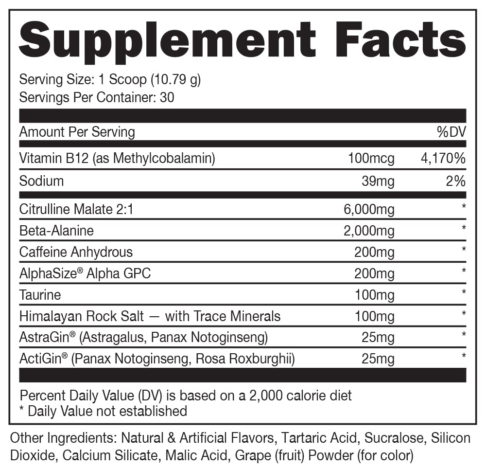 Bucked Up pre-workout bottle front emphasizes grape flavor and bold energy.