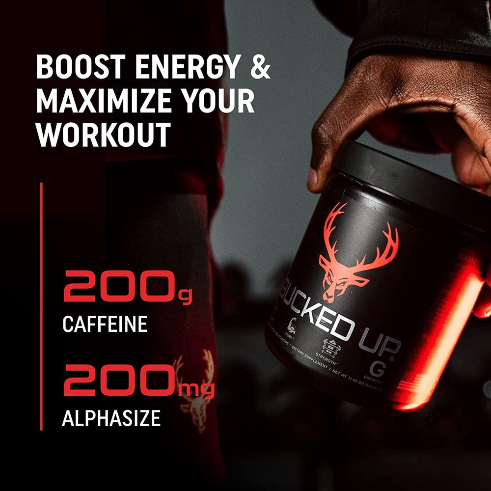 Bucked Up pre-workout bottle side displays supplement facts and amino acids.