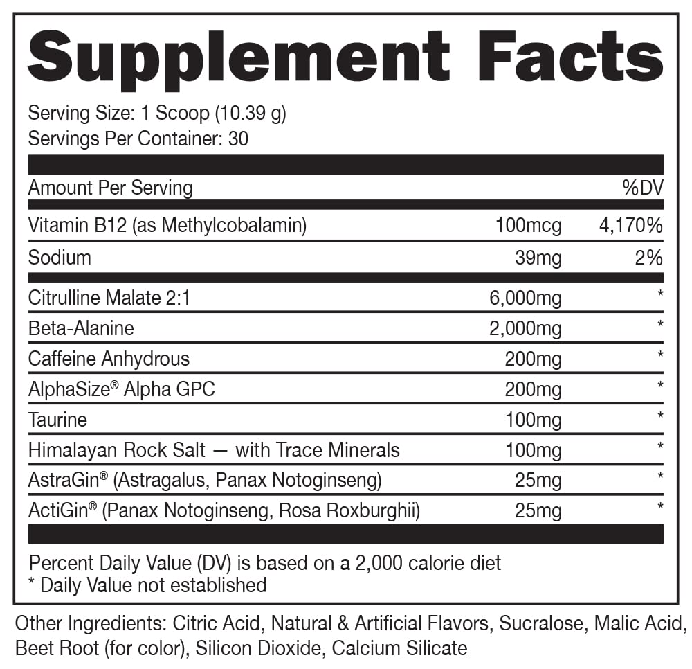 Bucked Up Red Raz tub label close-up highlighting transparent nutrition