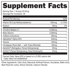Bucked Up Red Raz tub label close-up highlighting transparent nutrition