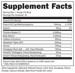 Bucked Up Pre Workout powder scoop highlights 6 g L-Citrulline for blood flow.