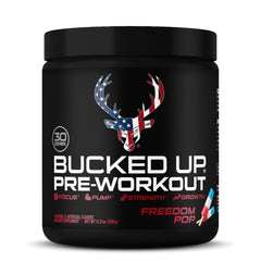 Bucked Up pre-workout tub label closeup for clear ingredient details.