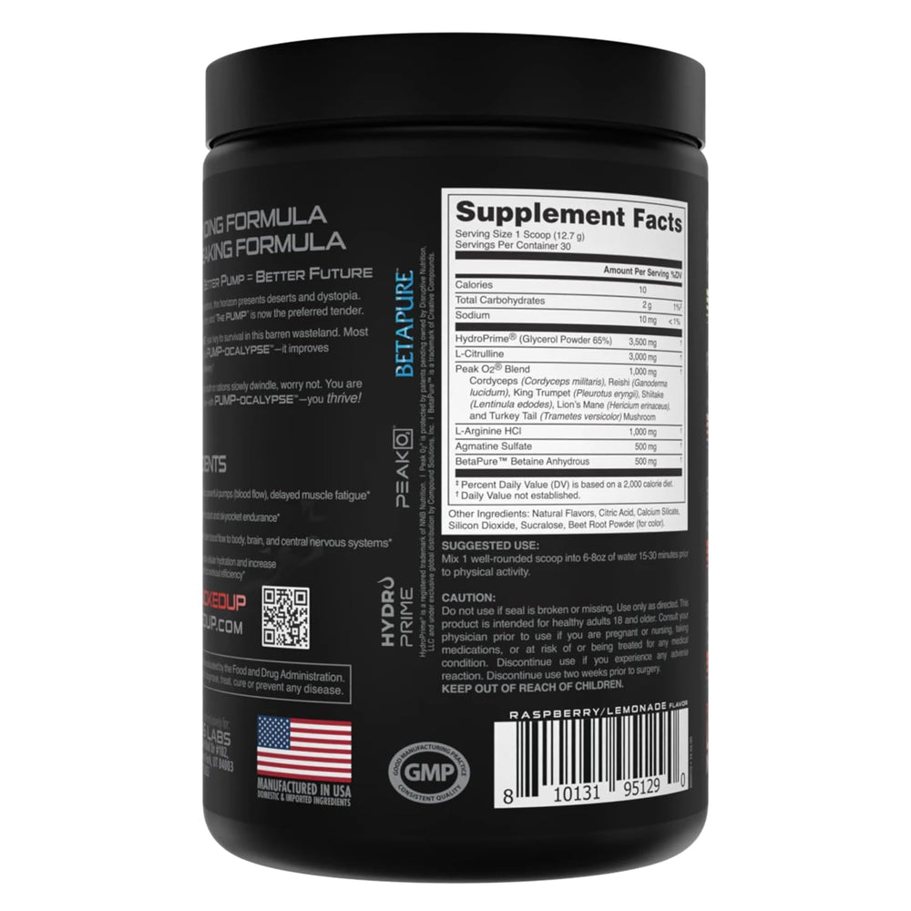 Front of Bucked Up Pump-ocalypse Raspberry Lemonade shows PeakO2 and citrulline information