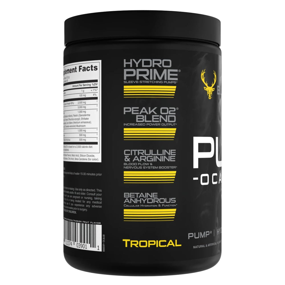 Bucked Up Pump-ocalypse Tropical stacked bottles on shelf for consistent supplementation.