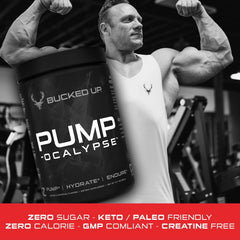 Bucked Up Pump-ocalypse Tropical scoop beside water bottle for pre-workout ritual.