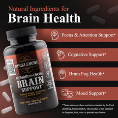 Bucklebury Brain bottle front-view with label highlights vegan brain support.