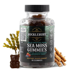 BUCKLEBURY bottle of Wild Irish Sea Moss Gummies for convenient daily wellness.