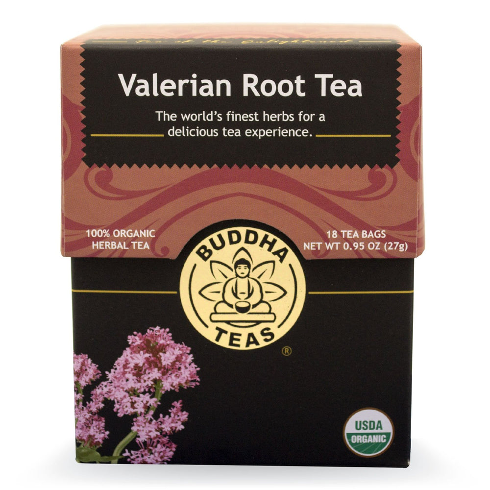 Buddha Teas Valerian Root Tea box showcases organic ingredients for a calming evening ritual.