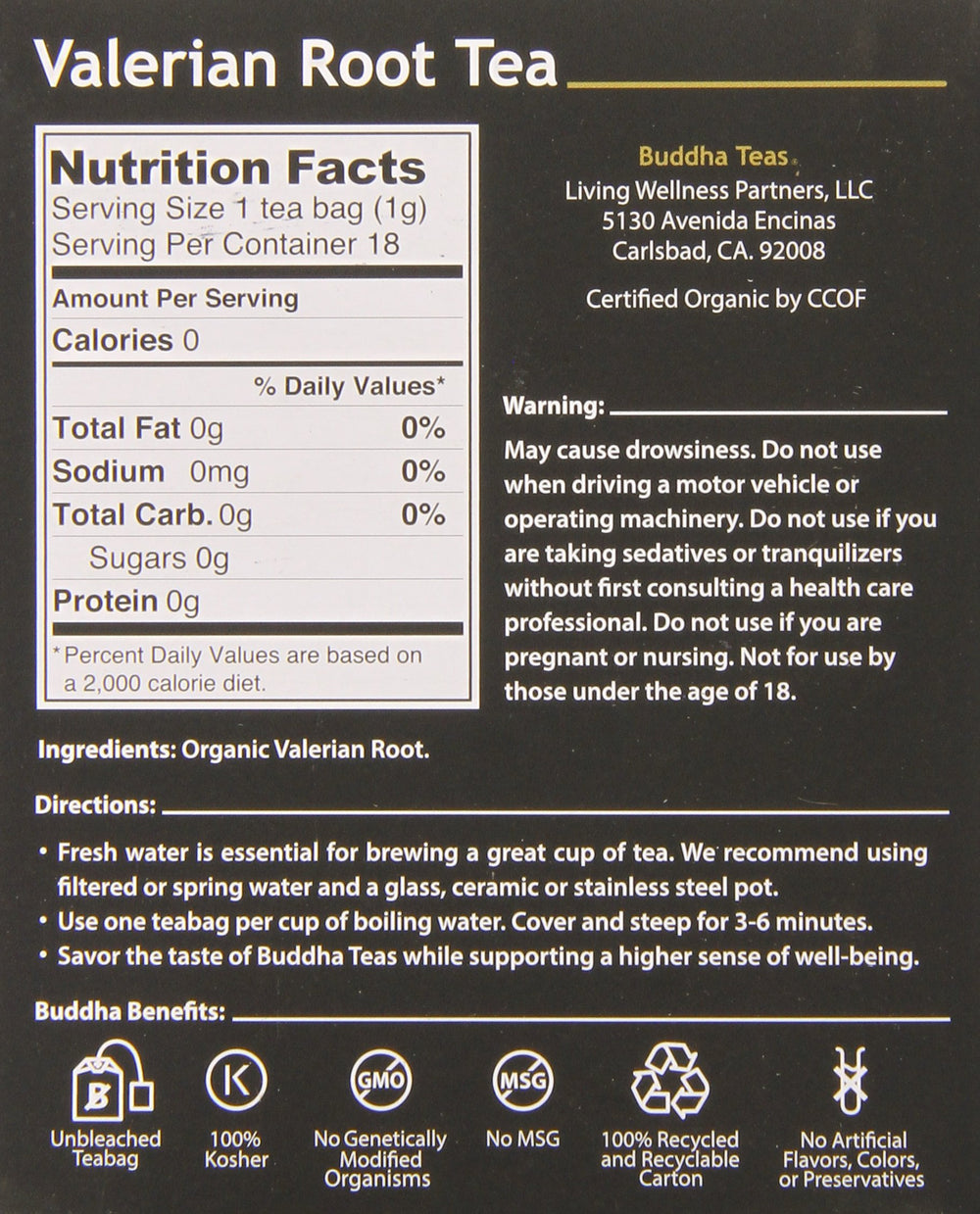 Buddha Teas Valerian Root Tea steeping cup highlighting calming aroma and smooth flavor.