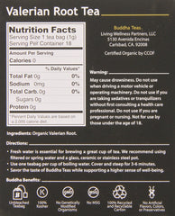 Buddha Teas Valerian Root Tea steeping cup highlighting calming aroma and smooth flavor.