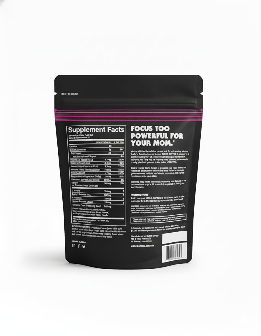 Buffed Energy MEGA Nootropic Powder showcases brain-boosting ingredients for sharper mental clarity.