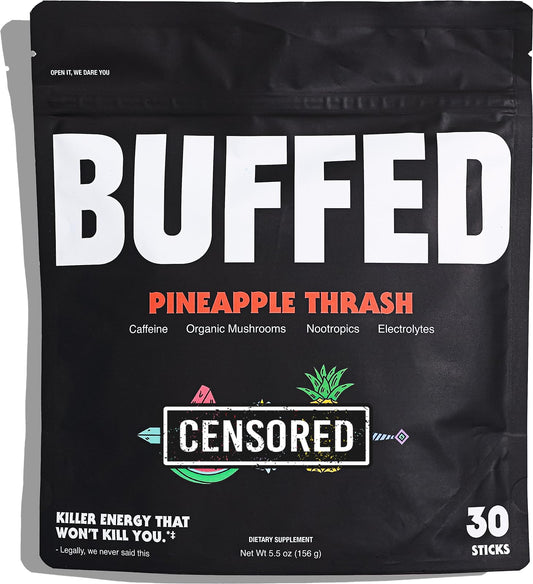 BUFFED Pineapple Thrash 30-pack box for on-the-go energy and focus.