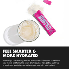 Dissolving BUFFED powder in water creates a pineapple energy drink.