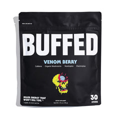 BUFFED Venom Berry energy powder pour for a quick focus boost.