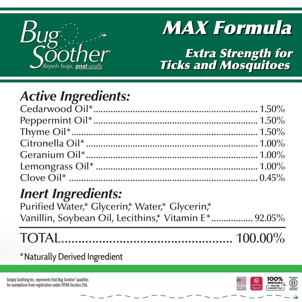 Bug Soother MAX woodland blend aroma highlights plant-based ingredients.