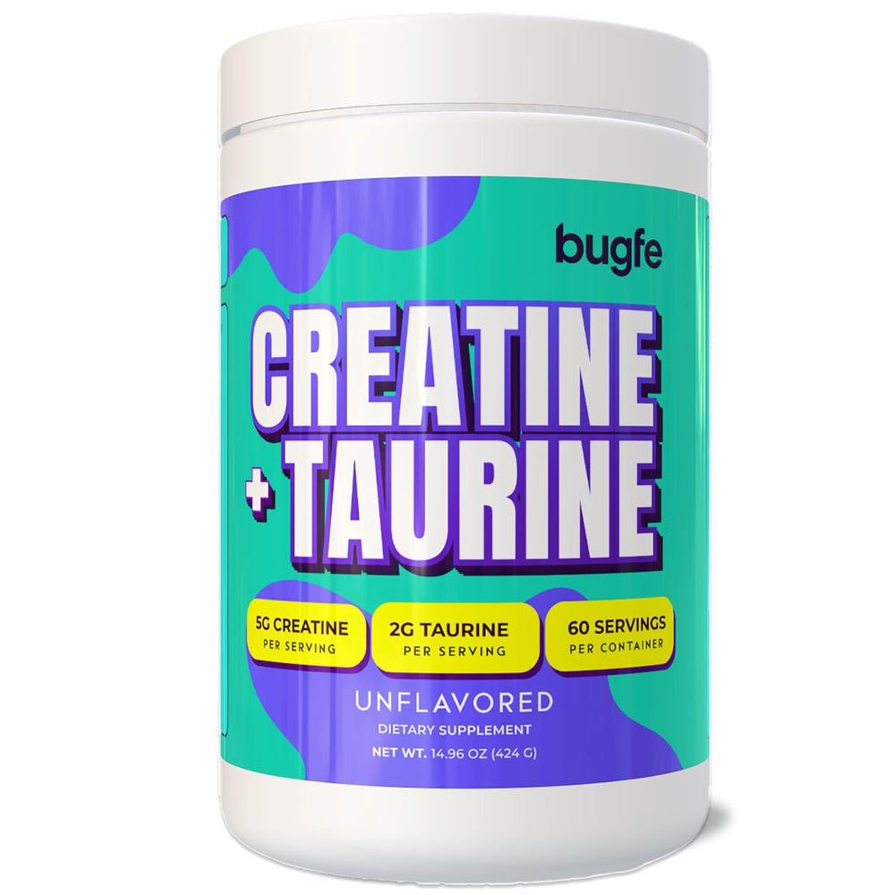 Bugfe Creatine Taurine tub label with key benefits and dosage.