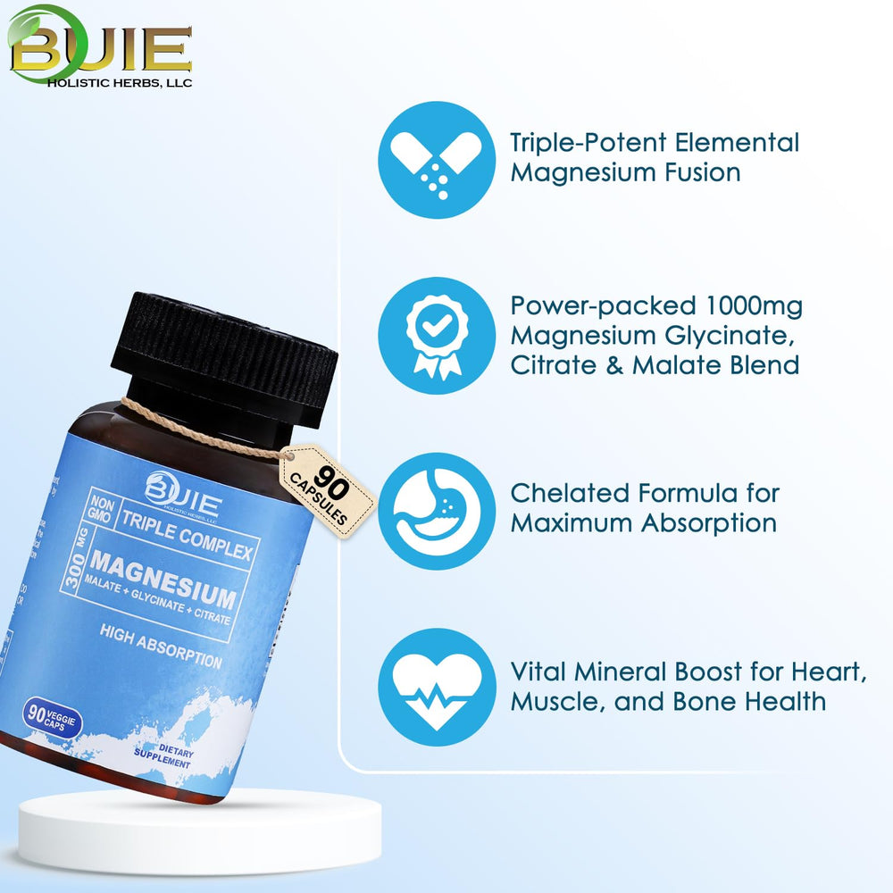 Packaging image showcases vegan, non-GMO Triple Magnesium formula from BUIE