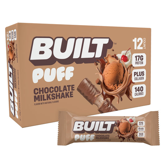 Built Bar Puff chocolate milkshake bite, protein-packed for workouts.