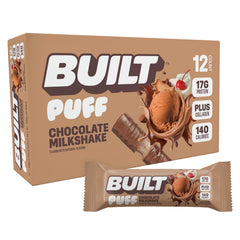 Built Bar Puff chocolate milkshake bite, protein-packed for workouts.