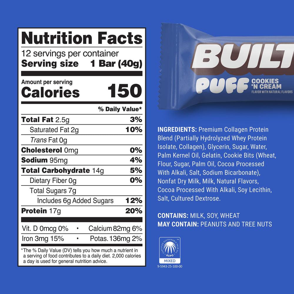 Built Bar Puff Cookies 'N Cream bar close-up shows creamy texture.