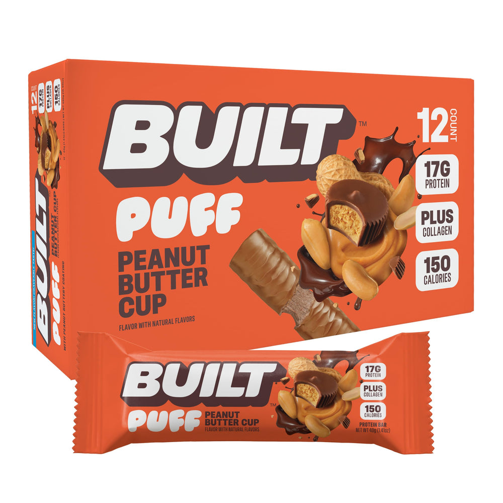 BUILT Bar Puff Peanut Butter Cup bar showing protein-packed texture for a snack.